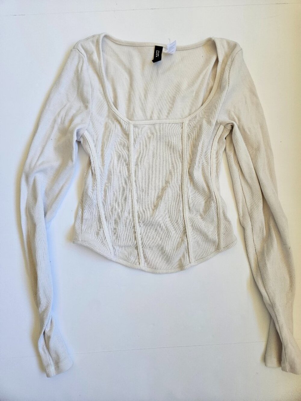 H&M Ribbed White Cream Corset Style Long Sleeve Knit Cotton Crop Top Blouse S